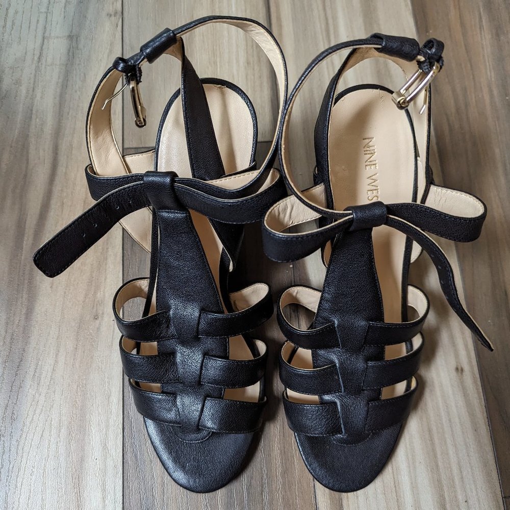 NINE WEST Women's Wedge Leather Sandals Gold Buckle Black Strap 4" Heel …